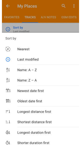 My places tracks sort function Android