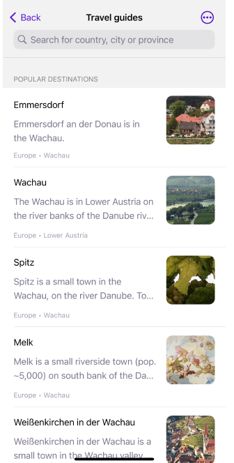 Travel guides main screen